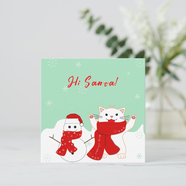 Glad katt med snöman | Söt julkort (Stående Fram)