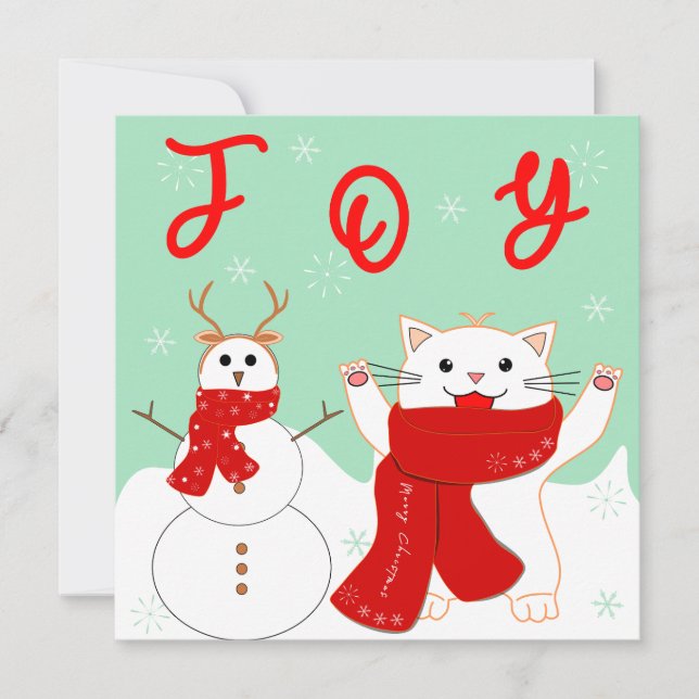 Glad katt med snöman | Söt julkort (Framsida)