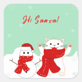 Glad katt med snöman | Söt julsticker Fyrkantigt Klistermärke