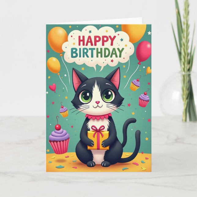 Glad kattillustrationskort kort (Framsida)