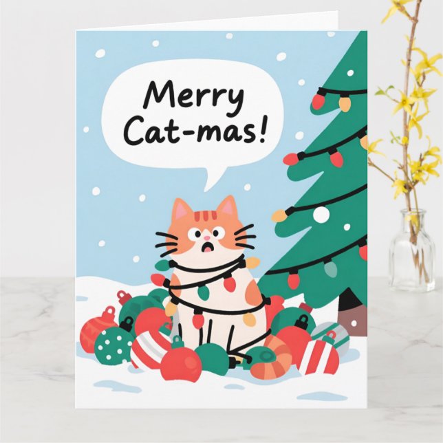 Glad kattjul Söt rolig katt jul Kort (Gul blomma)