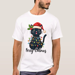 Glad kattjul Svart katt julbelysning Xmas Familj T Shirt
