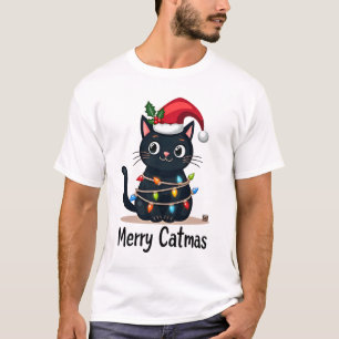 Glad kattjul Svart katt julbelysning Xmas Familj T Shirt
