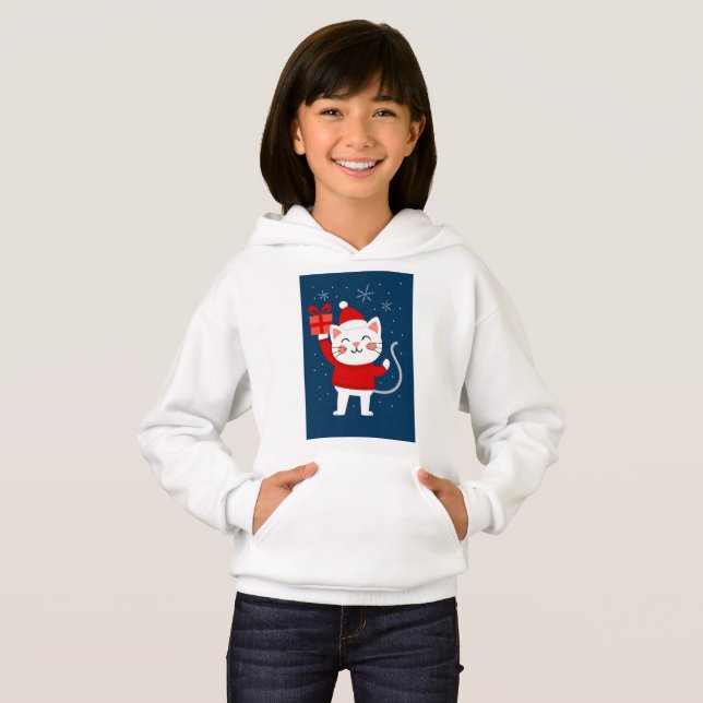 Glad kattjul – Vit katt med present & tomtestil T Shirt (Hel framsida)