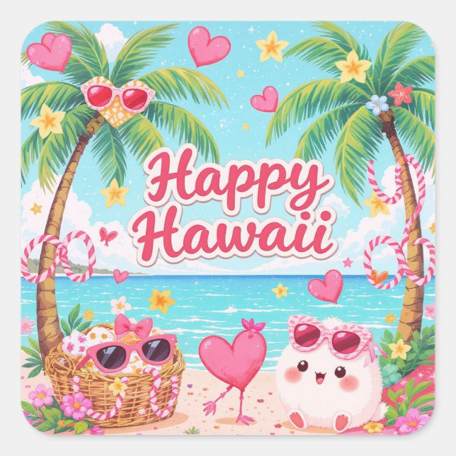 Glad Kawaii Fyrkantigt Klistermärke (Framsida)
