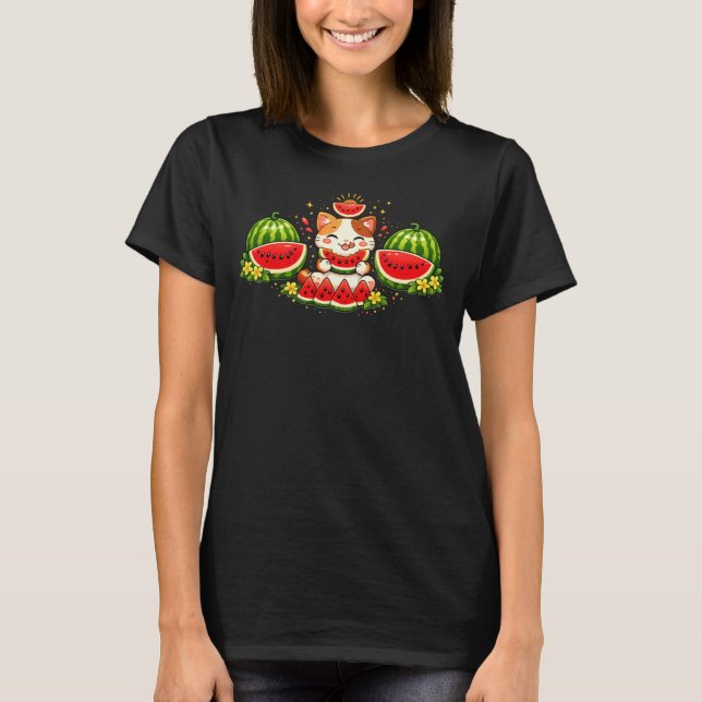 Glad Kawaii Katt med Vattenmelon Illustration T Shirt (Framsida)
