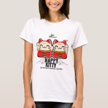 Glad Kitty Kaffe T-Shirt Söt Lucky Cat Grafisk