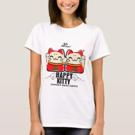 Glad Kitty Kaffe T-Shirt Söt Lucky Cat Grafisk