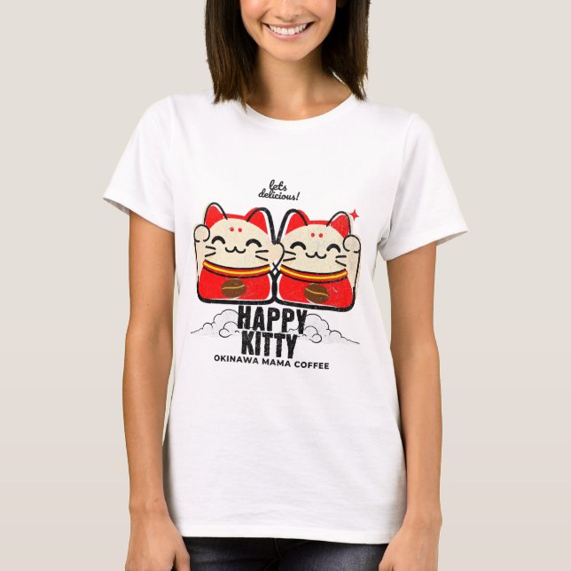 Glad Kitty Kaffe T-Shirt Söt Lucky Cat Grafisk  (Framsida)