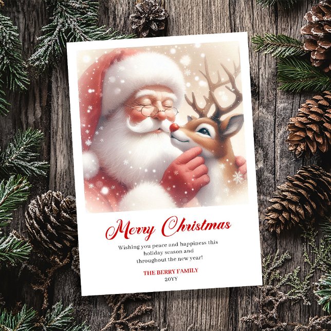Glad Klassisk Tomte Med Rudolf Julhälsning Julkort (Merry Classic Santa With Rudolph Christmas Greeting Card)