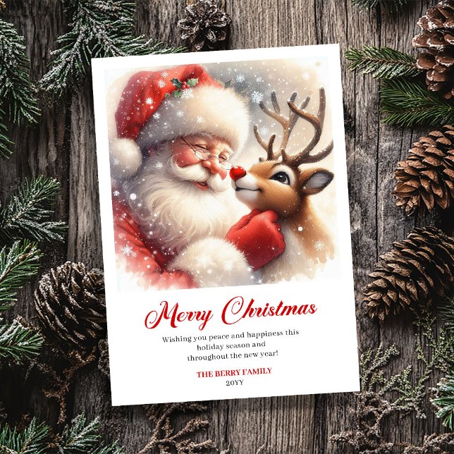 Glad Klassisk Tomte Rudolf Illustration Julhälsnin Julkort (Merry Classic Santa Rudolph Illustration Greeting Card)