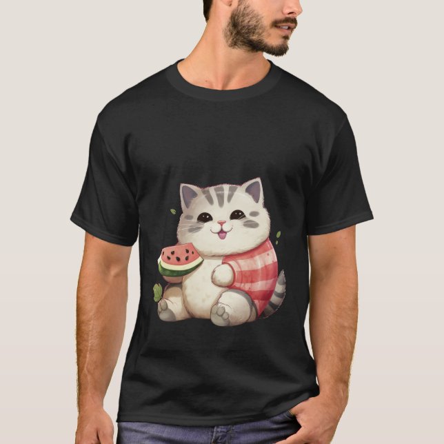 Glad knubbig katt med vattenmelon sommar konst ✨🐾 t shirt (Framsida)