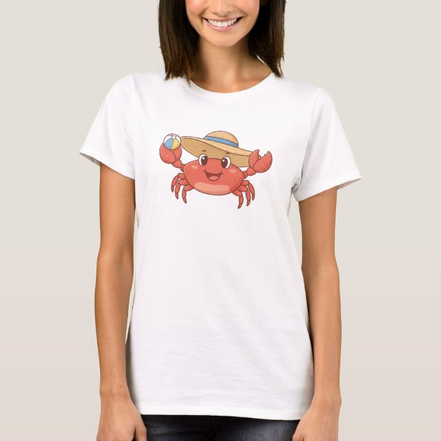 Glad Krabba med Solhatt - Solig Strand Tecknad De T Shirt (Framsida)