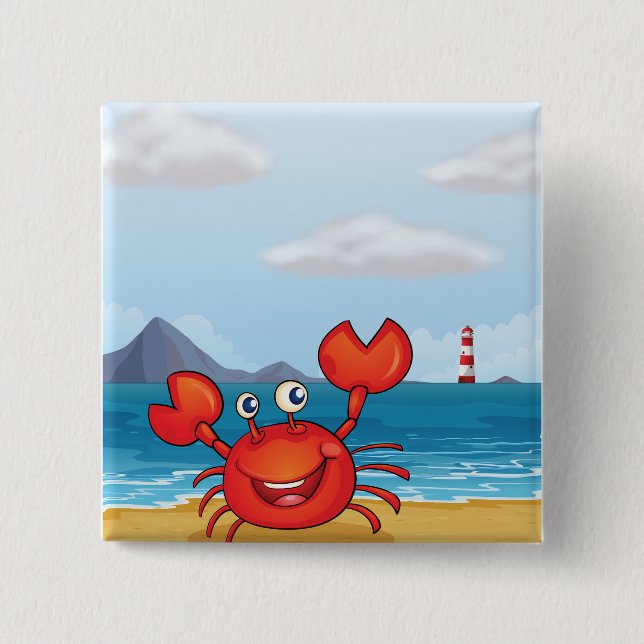 Glad krabba på strand med fyr knapp (Framsida)