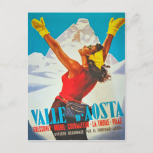 Glad kvinna i Aostadalen, Italien. Vintage resor Vykort