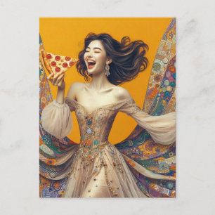 Glad kvinna med pizza färgrik unik vykort