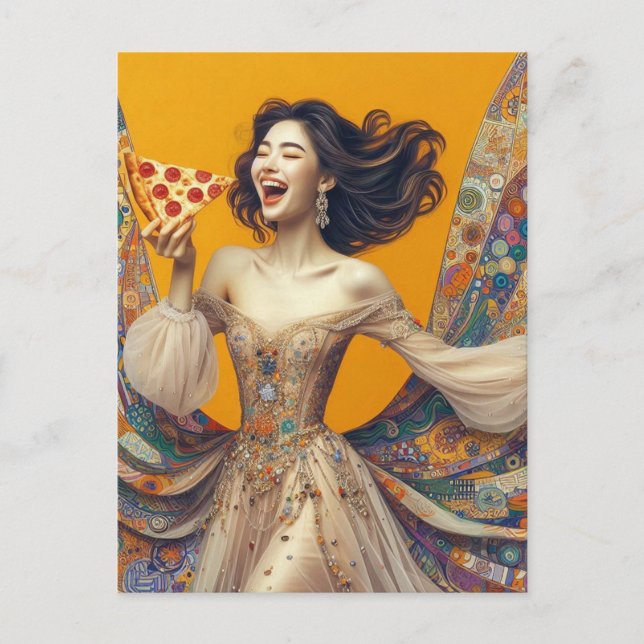 Glad kvinna med pizza färgrik unik vykort (Framsida)