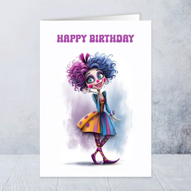 Glad kvinnlig clown födelsedagsgratulationskort kort (Skapare uppladdad)