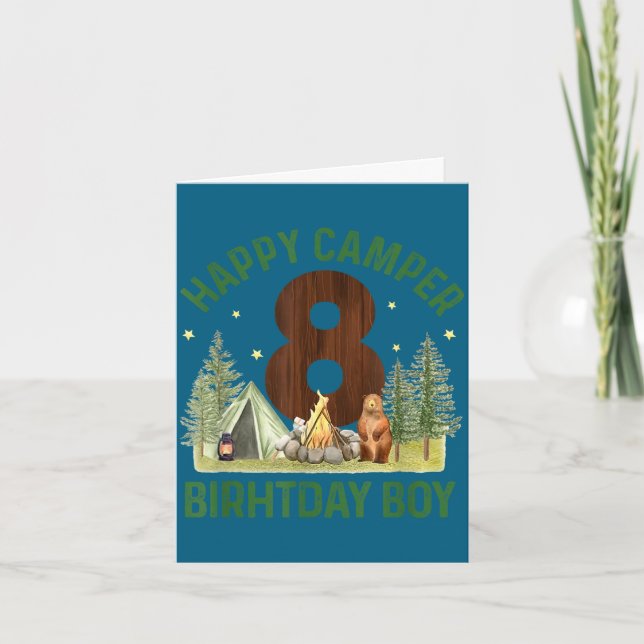 Glad lägergäst 8 skogscamping pojkar 8-årsdag kort (Framsida)