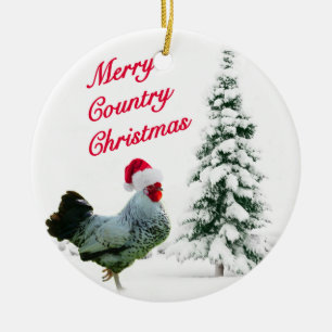 Glad landjulhöna med den Santa hatten Julgransprydnad Keramik