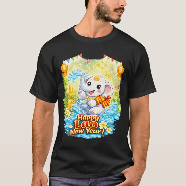 Glad Lao Nyår – Söt Vit Elefant Pi Mai La T Shirt (Framsida)