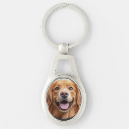 Glad leende golden retriever hund ovalt silverfärgad nyckelring