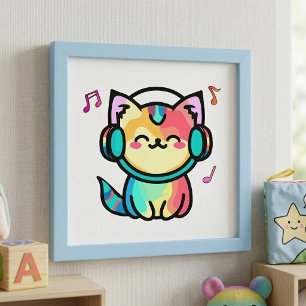 Glad leende Kawaii serie-katt med hörlurar Fototryck