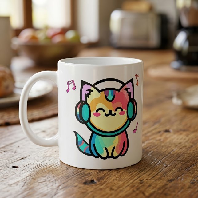 Glad leende Kawaii serie-katt med hörlurar Kaffemugg (Happy Smiling Kawaii Cartoon Cat with Headphones. Coffee Mug)