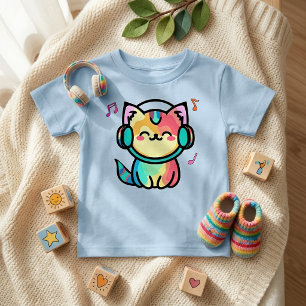 Glad leende Kawaii serie-katt med hörlurar T Shirt