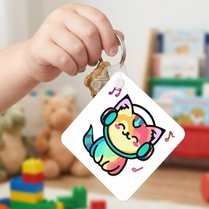 Glad leende kawaii seriefigur katt med hörlurar nyckelring