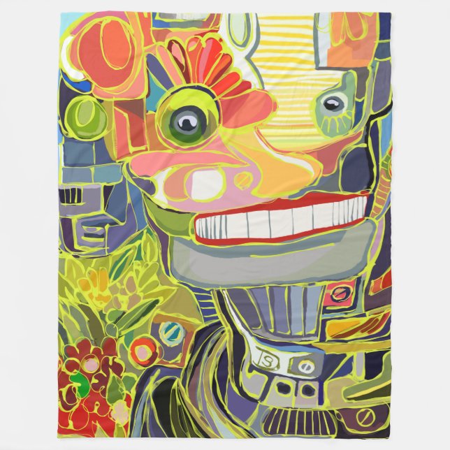 Glad leende robot med blommor fleecefilt (Framsidan)