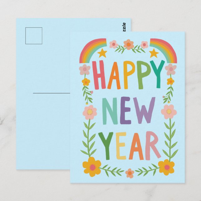 Glad Lekfull GOTT NYTT ÅR Handlettering  Vykort (Fram/baksida)