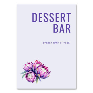 Glad lila blommig dessert skylt bordsnummer