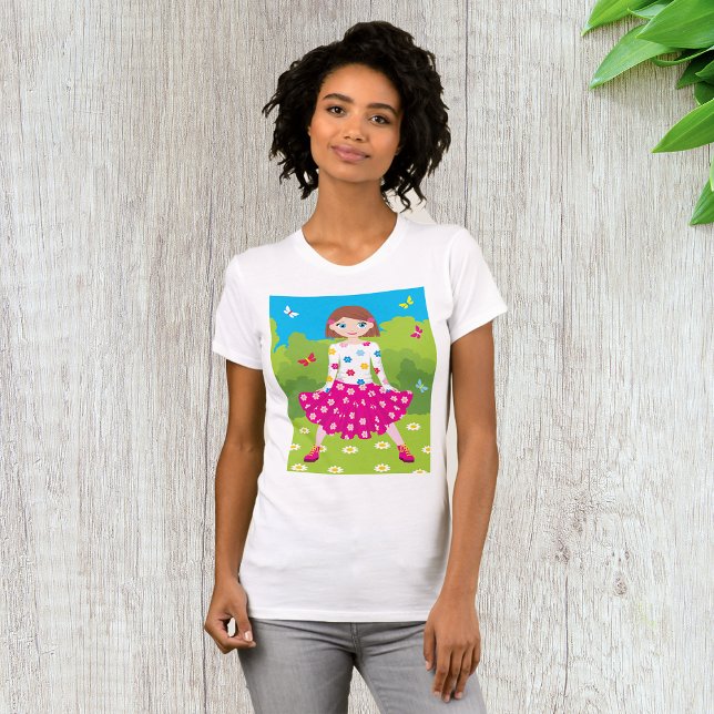 Glad liten flicka med blommor och fjärilar t shirt (Skapare uppladdad)