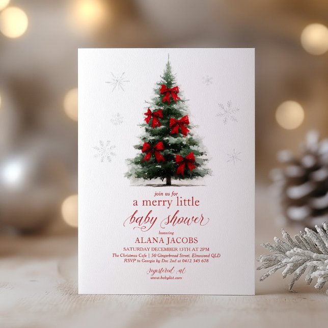 Glad liten jul Babyshower Julgran Inbjudningar (Merry Little Baby Shower! Christmas themed Baby Shower invitation with tree and red bows)