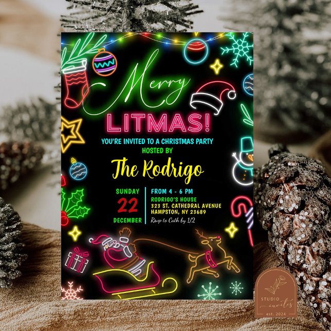 Glad liten jul Neon Tomte Julfest Inbjudningar (Skapare uppladdad)