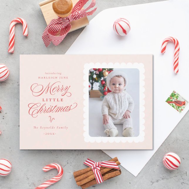Glad liten jul scallop Första julen (Merry little Christmas holiday photo card for baby's first Christmas)