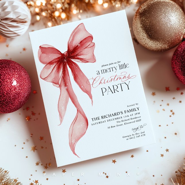 Glad liten julfest  inbjudningar (Merry Little Christmas Party! Red Bow Christmas Invitation)