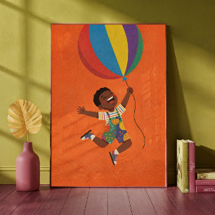 Glad liten pojke svävar med en färgglad ballong poster