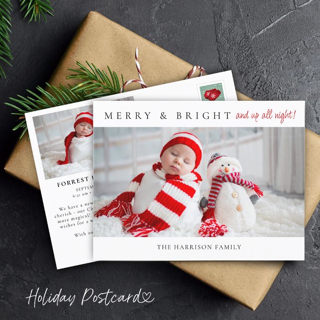 Glad & Ljus Födelse Annonsering Fotobrevkort Helg Vykort (Merry & Bright Birth Announcement Photos Postcard)