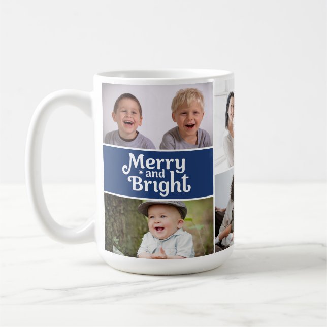 Glad & Ljus Jul Multi-Photo Blå anpassad Kaffemugg (Vänster)