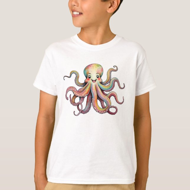 Glad Ljus Regnbåge Vattenfärg Bläckfisk Design T Shirt (Framsida)