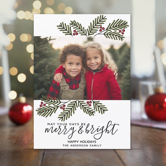 Glad Ljus Retro 1 foto Jul Tallgrenar Julkort (Whimsical Pine Branches with 1 Photo - Online Christmas Card)
