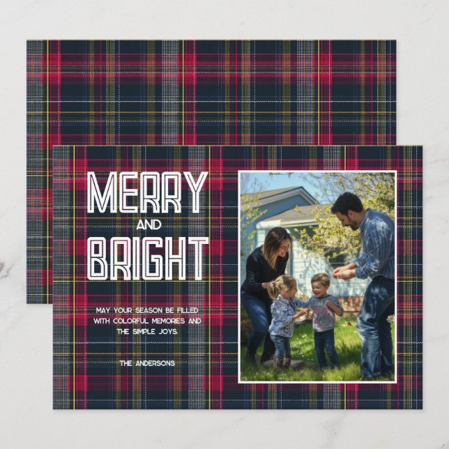 Glad & Ljus Skräddarsydd Tartan Familjefoto Högtid Julkort (Fram/baksida)