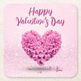 Glad lycklig Alla hjärtans dag Rosa Hyacint Heart Underlägg Papper Kvadrat