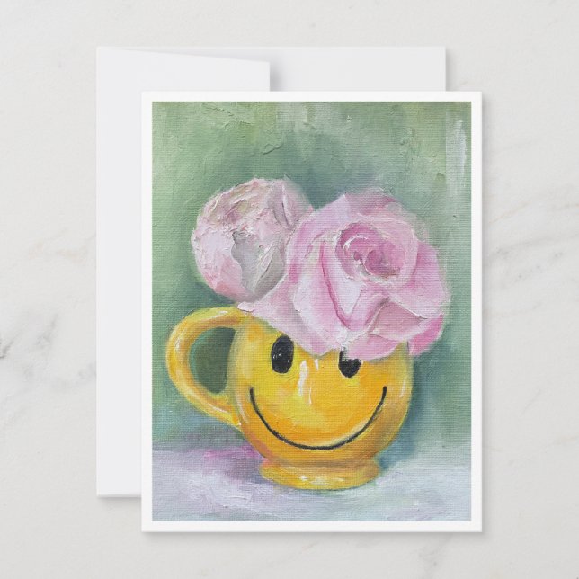 Glad lycklig ansikte-mugg med rosa rosor antecknin anteckningskort (Framsida)