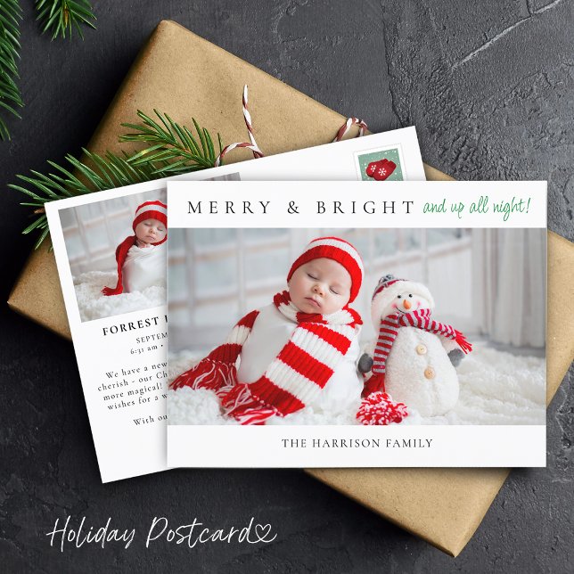 Glad & Lysande Födelsekungörelse Foto Postkort Helg Vykort (Merry & Bright Birth Announcement Photos Postcard)