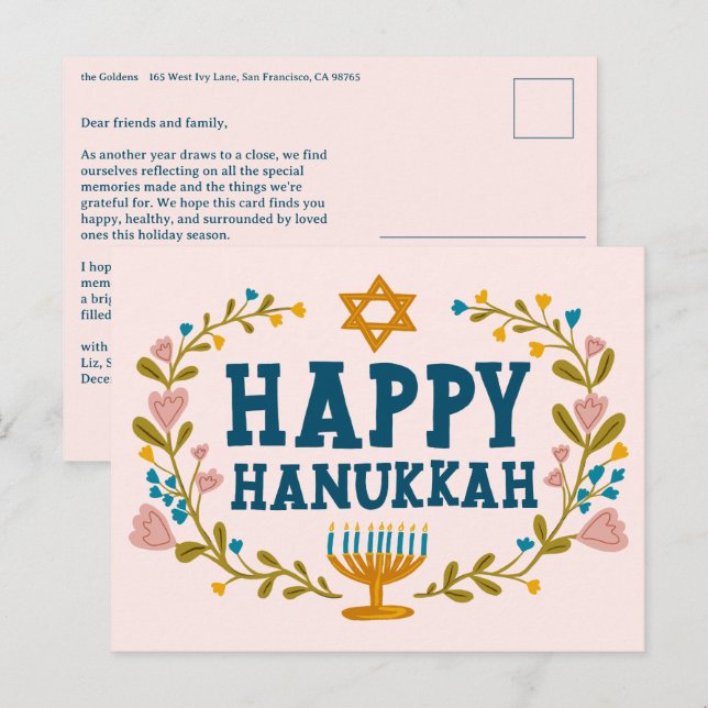 GLAD MÅ HANUKKA Lysande blommig krans Menorah Anpa Vykort (Fram/baksida)