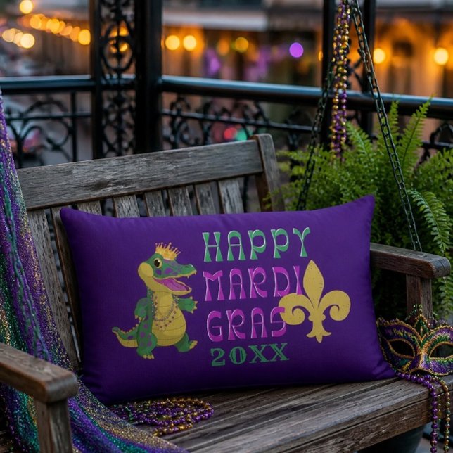 Glad Mardi Gras Gator King Lumbarkudde (Skapare uppladdad)
