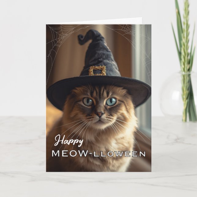 Glad Meow-lloween med Halloween-Häxkatten Kort (Framsida)